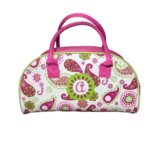 Initial Bag Handbags - Pink & Green Floral Print Canvas Initial "A" Insulated Lunch/ Makeup Bag